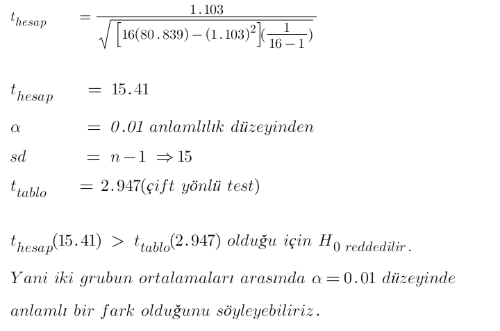 Bağımlı örneklem t testi formülde yerine koyma